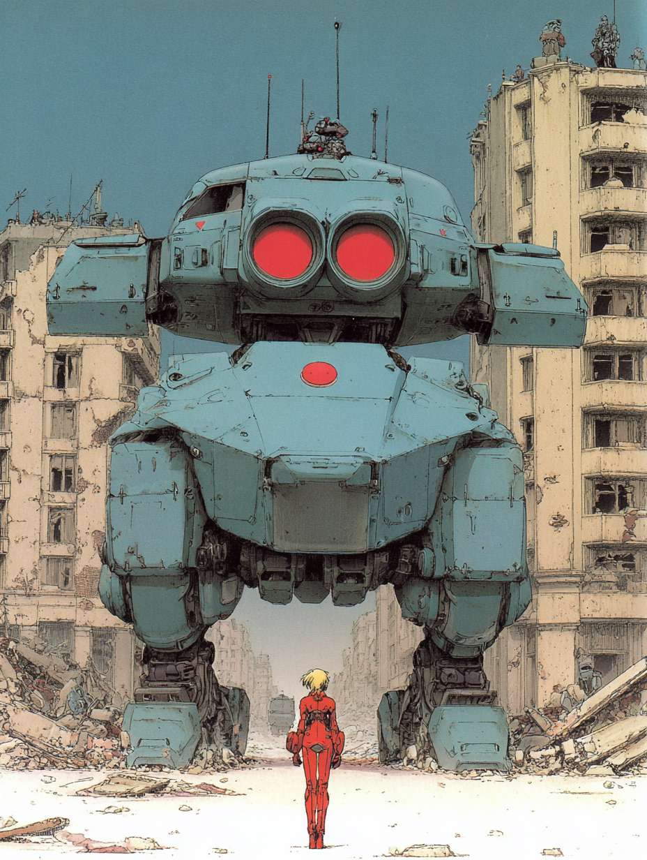 Giant Battle Titan and Woman Pilot in a War-Scarred City