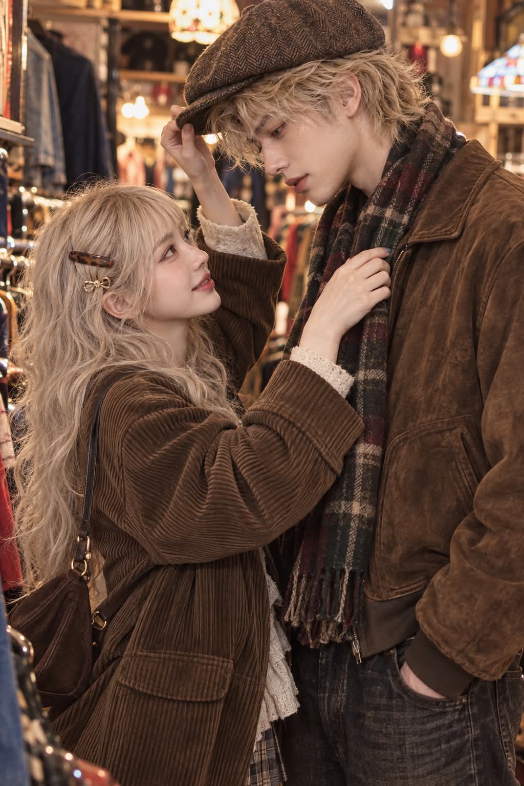 Vintage-Store Date with a Playful Hat Adjustment