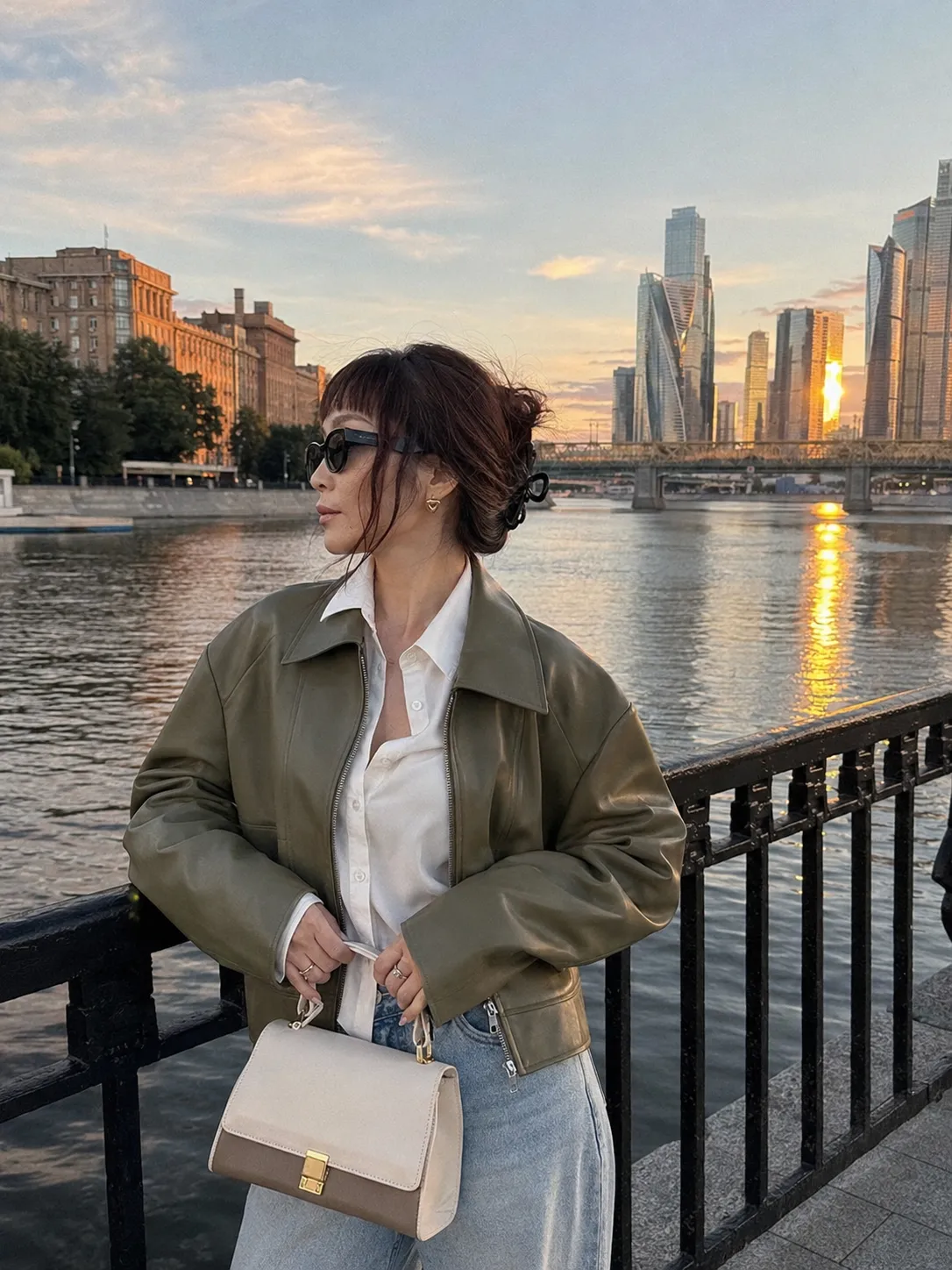 Urban Chic Riverside Portrait at Golden Hour