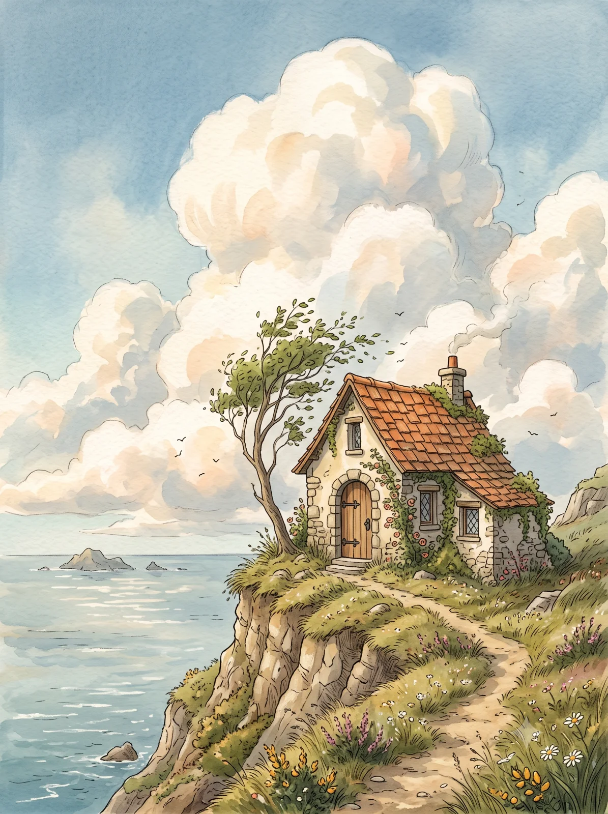 Watercolor Storybook Cottage Above a Calm Sea