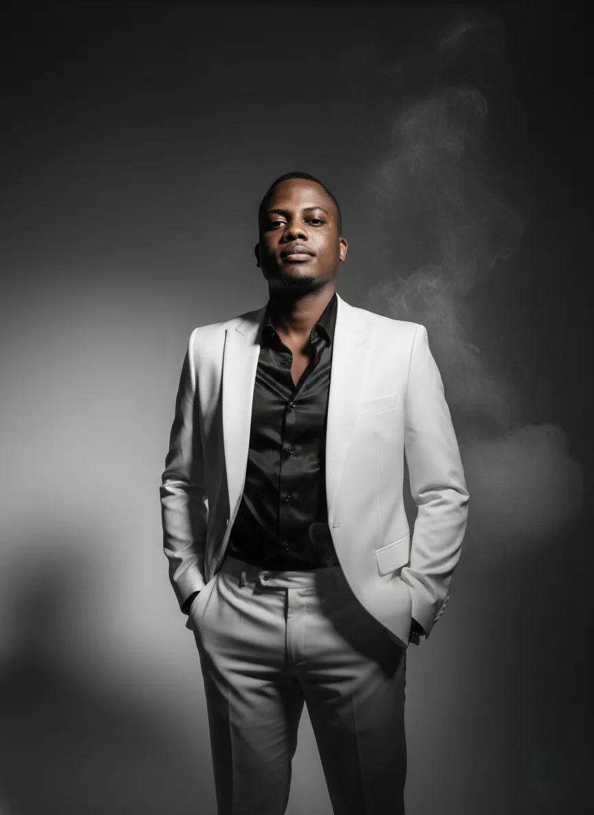 Cinematic Editorial Portrait in a White Suit output 2
