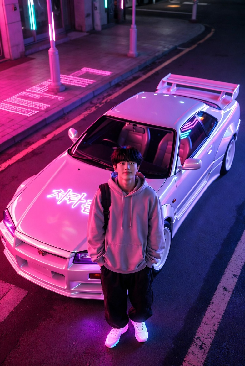 Photorealistic Neon Seoul Portrait with a Pearl Nissan Skyline R34