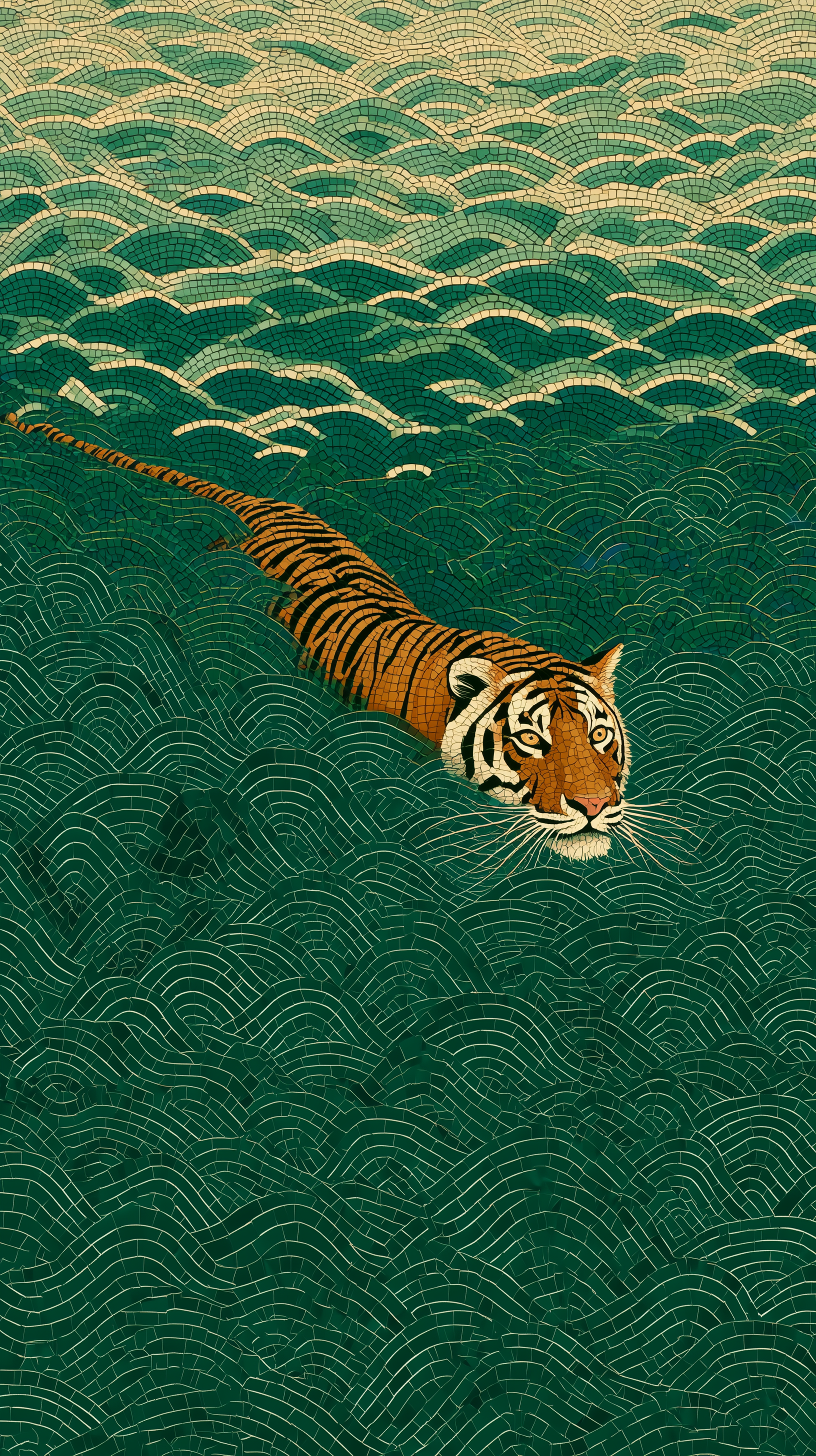 Illustrate a Tiger Swimming in Deep Green Water