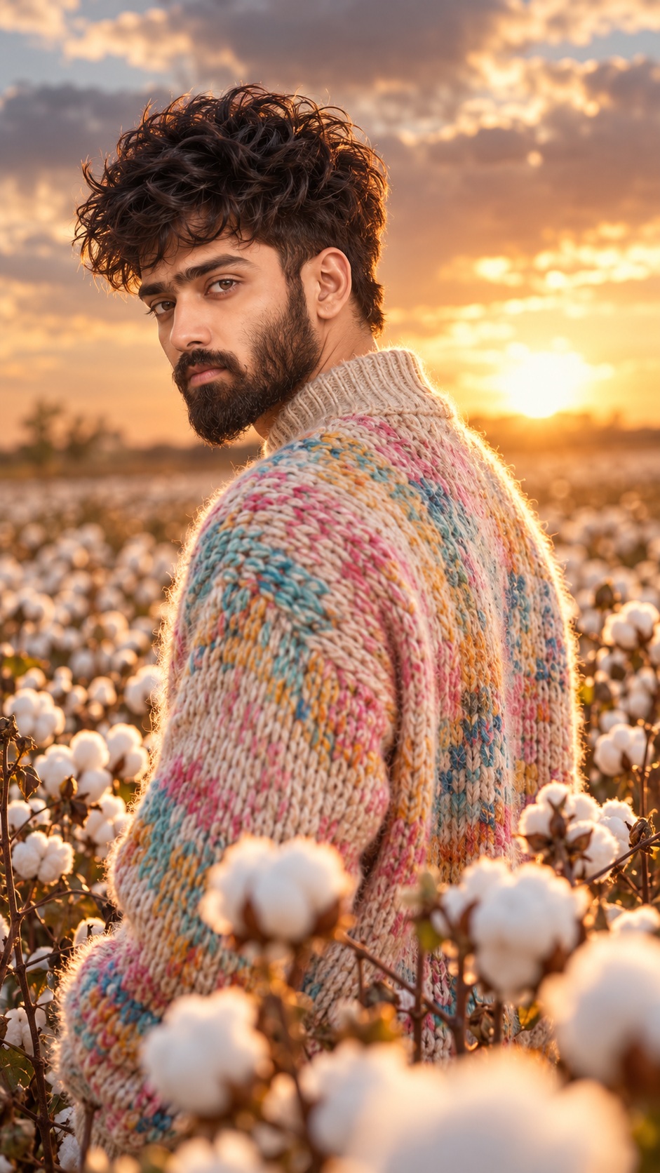 Golden-Hour Cotton Field Portrait