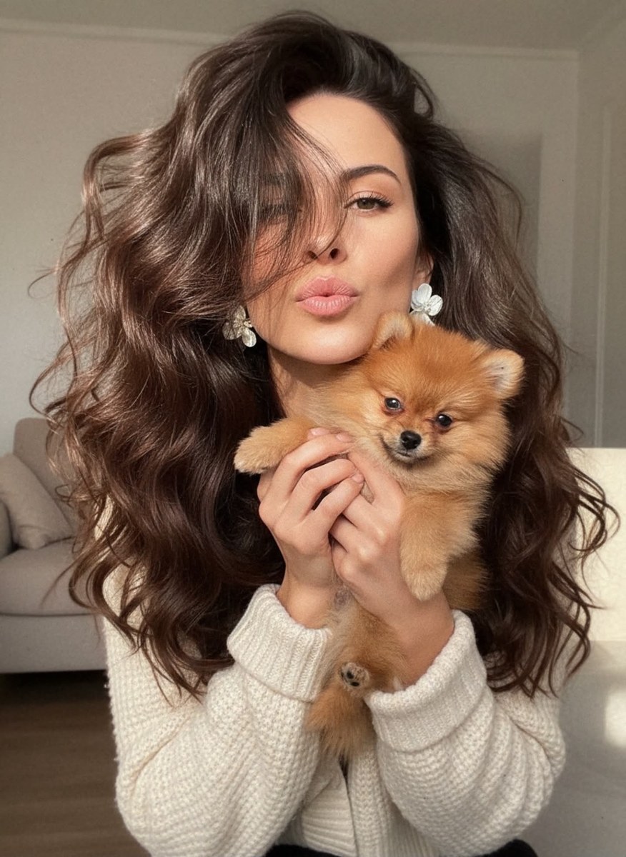 Spontaneous Luxury Beauty Selfie with a Pomeranian