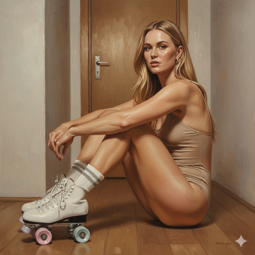 Seated Woman in Roller Skates Oil Painting