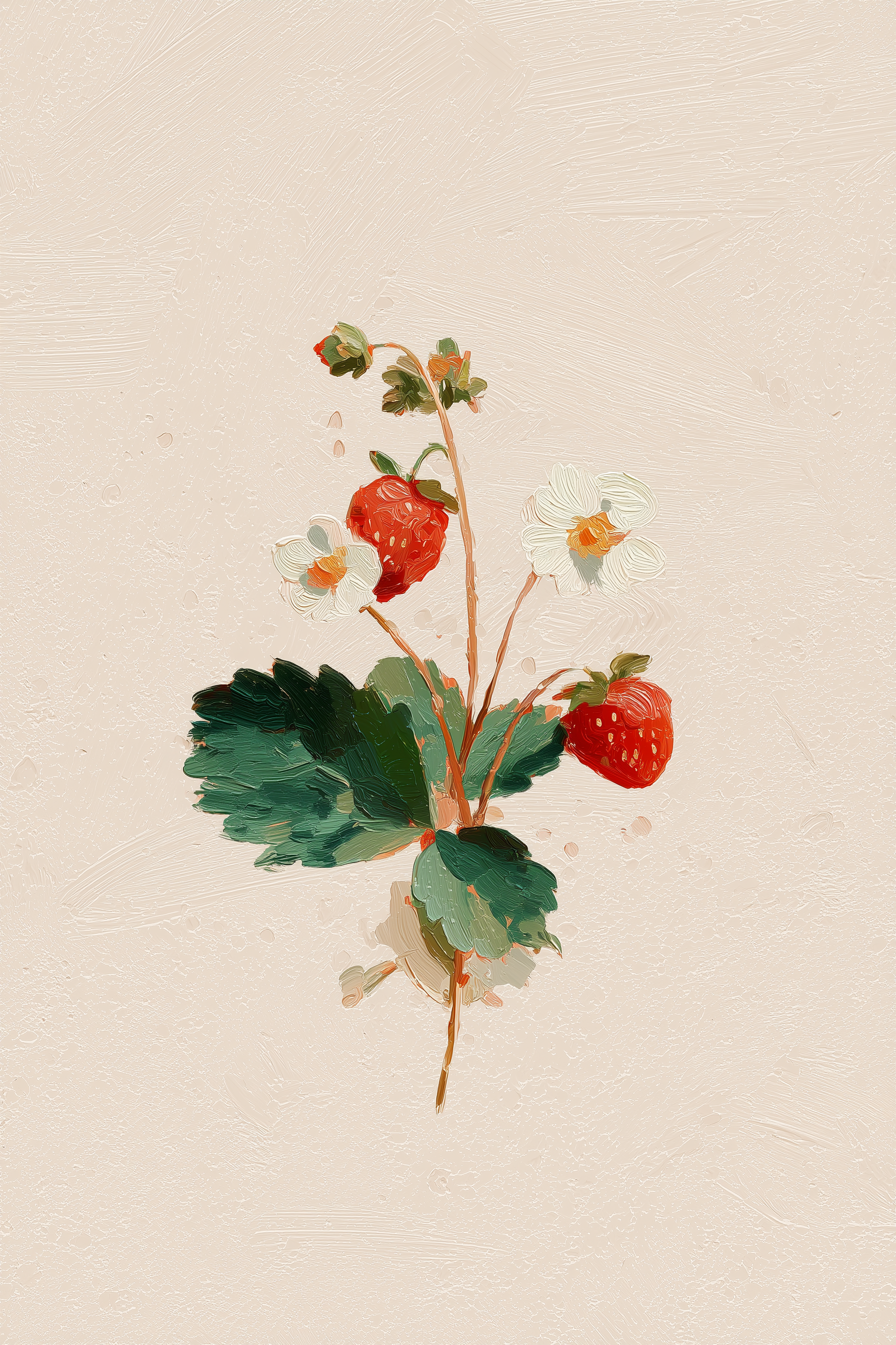 Minimalist Oil Painting of a Wild Strawberry Sprig