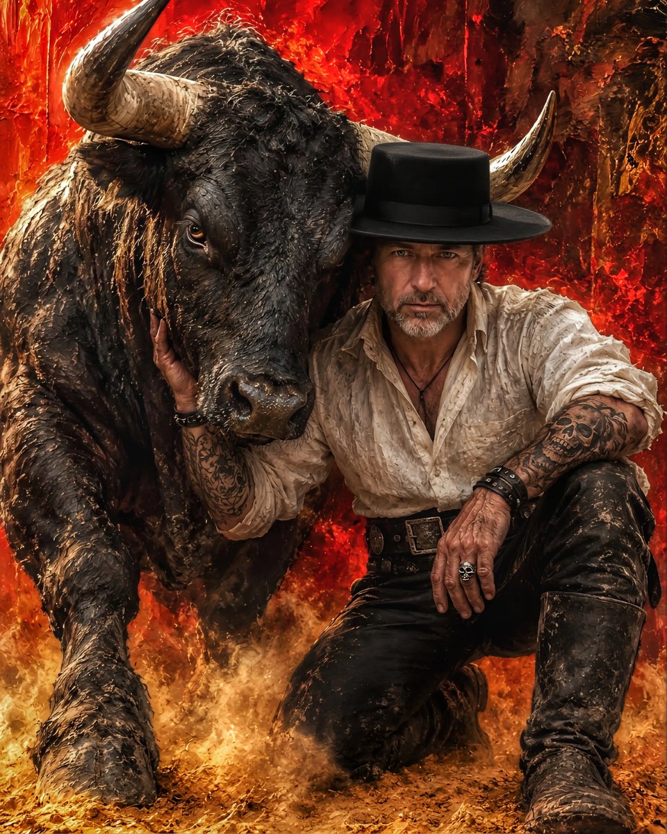 Weathered Man and Black Bull in an Expressionist Scene