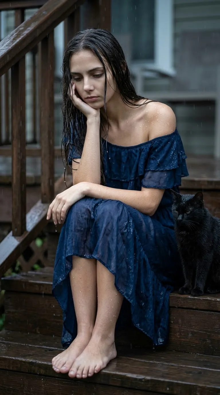 Rainy Portrait of a Young Woman with a Black Cat output 2