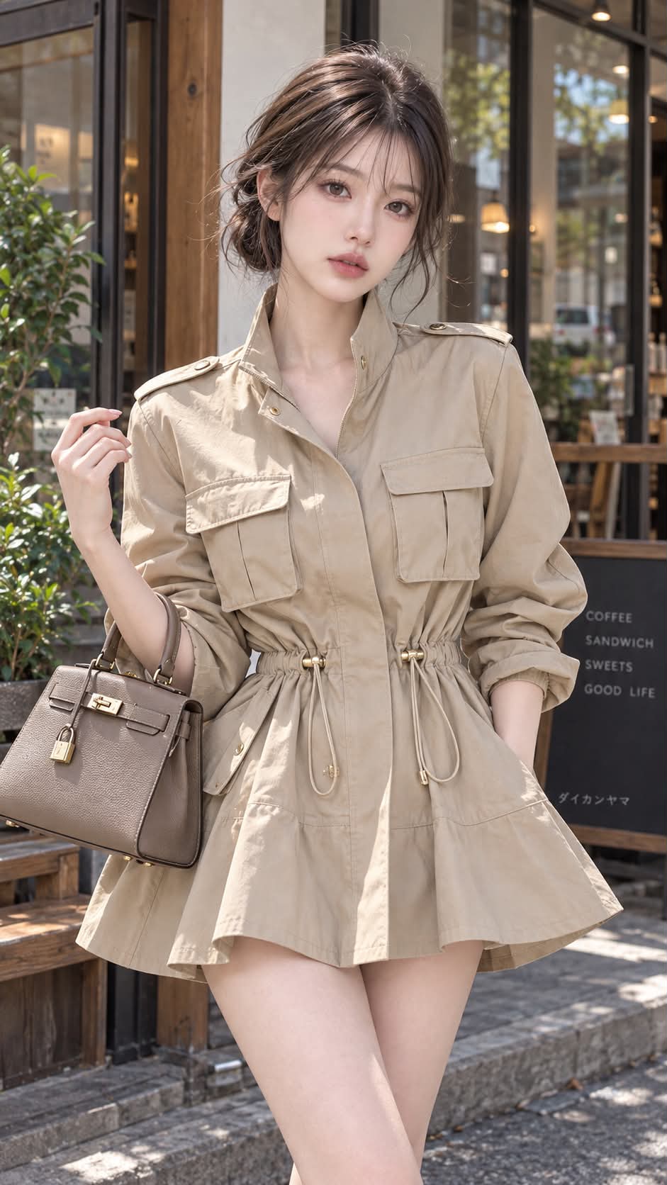 Tokyo Café Street Style in a Beige Military-Trench Dress