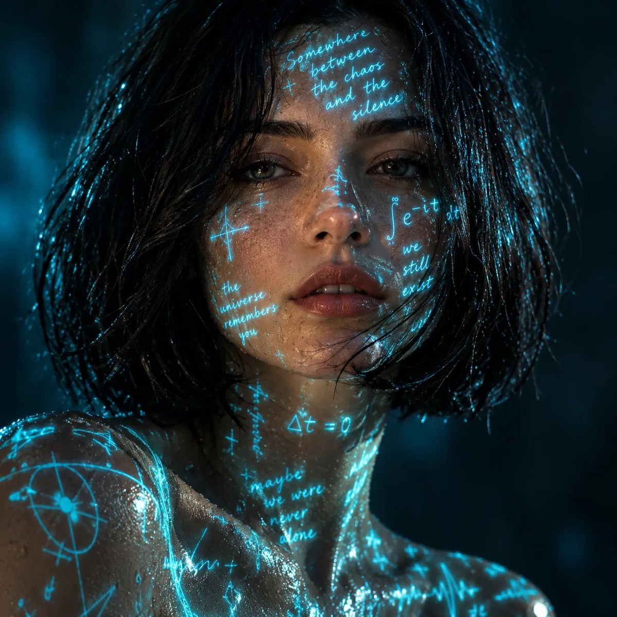Cyberpunk Portrait with Cyan Projected Writing