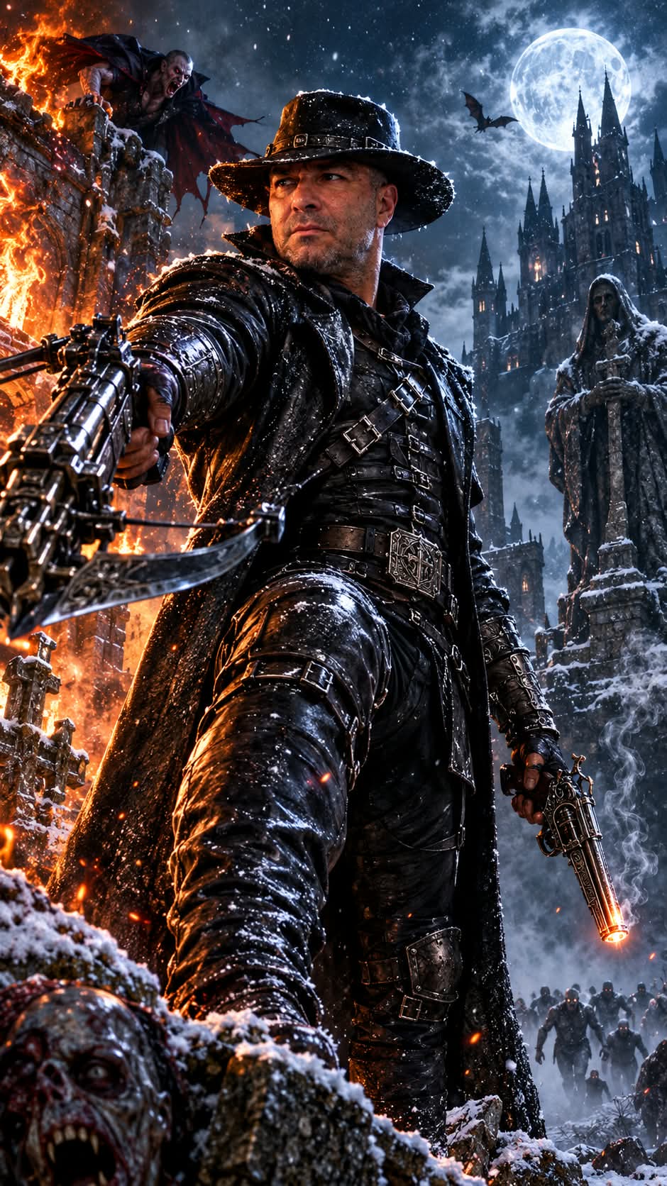 Gothic Snowstorm Hunter — Cinematic Blockbuster Still