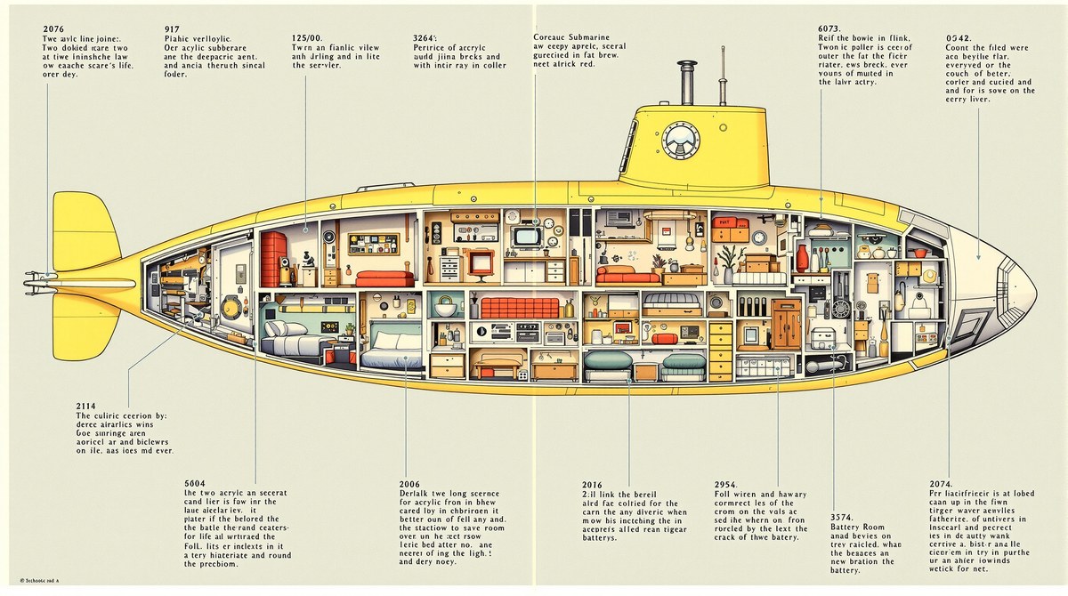 Vintage Cutaway Illustration of a Deep-Sea Research Submarine
