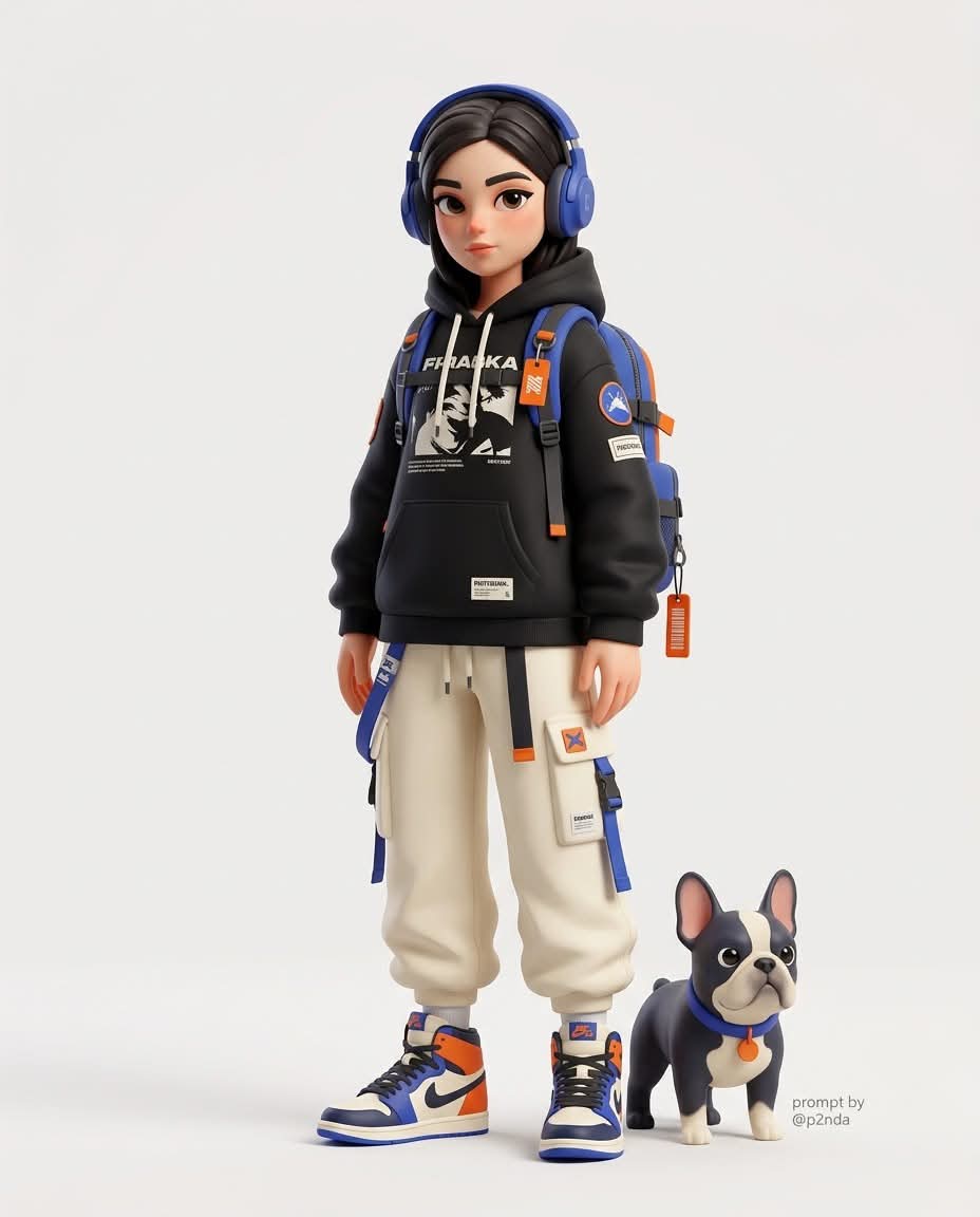 Stylized 3D Streetwear Character and Animal Companion output 1