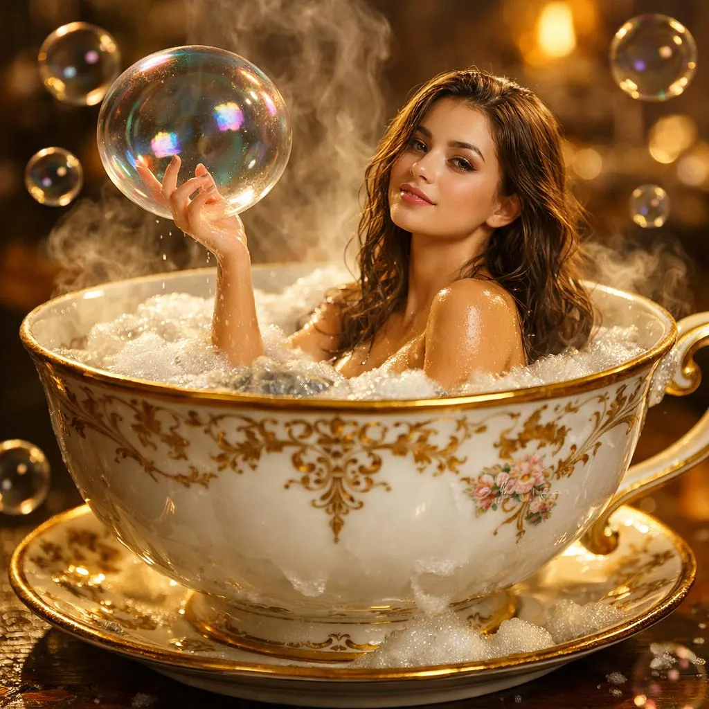 Miniature Woman in an Ornate Teacup Bath