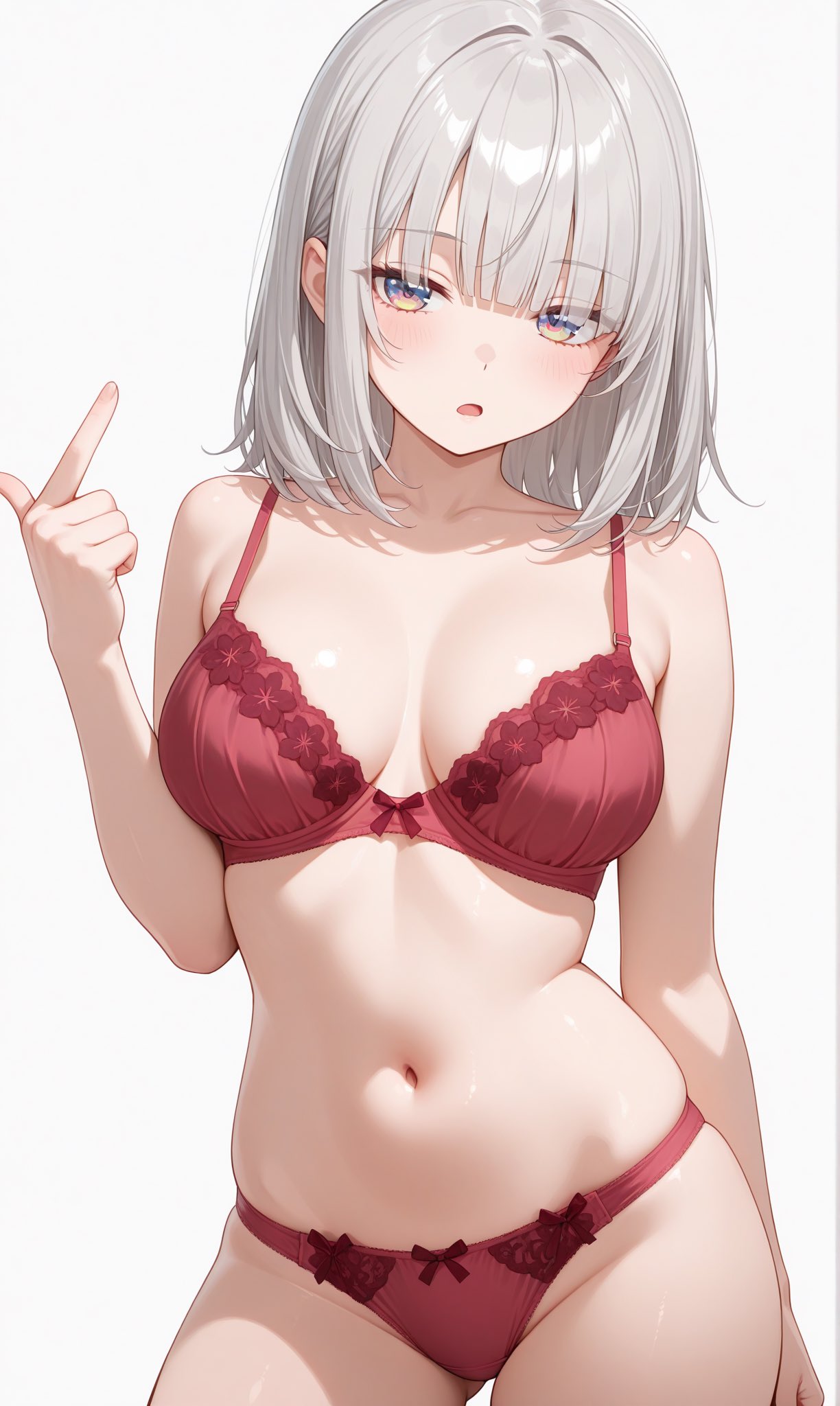 Silver-Haired Anime Character in Wet Red Lace Lingerie
