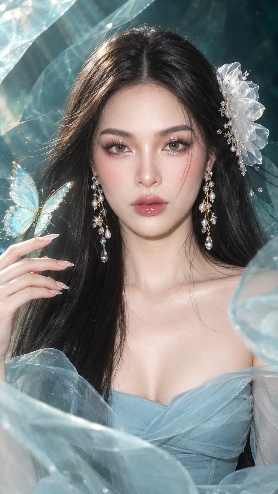 Aqua-Blue Butterfly Korean Beauty Editorial
