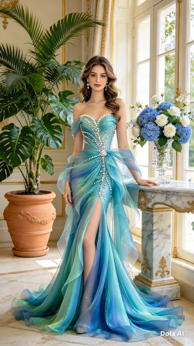 Photorealistic Mermaid Gown in a Cream-and-Gold Interior output 3