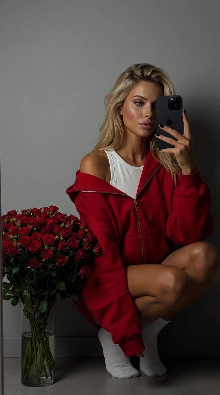 Low-Key Mirror Selfie with Red Hoodie and Roses output 2