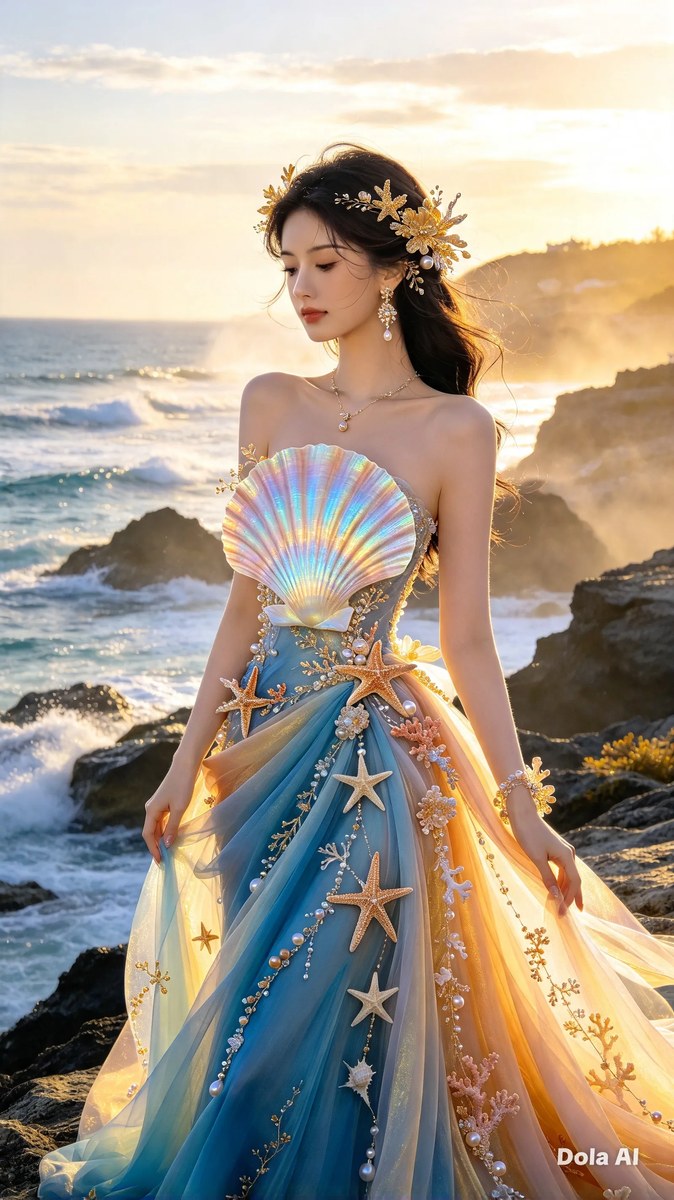 Iridescent Seashell Gown at Sunrise output 2