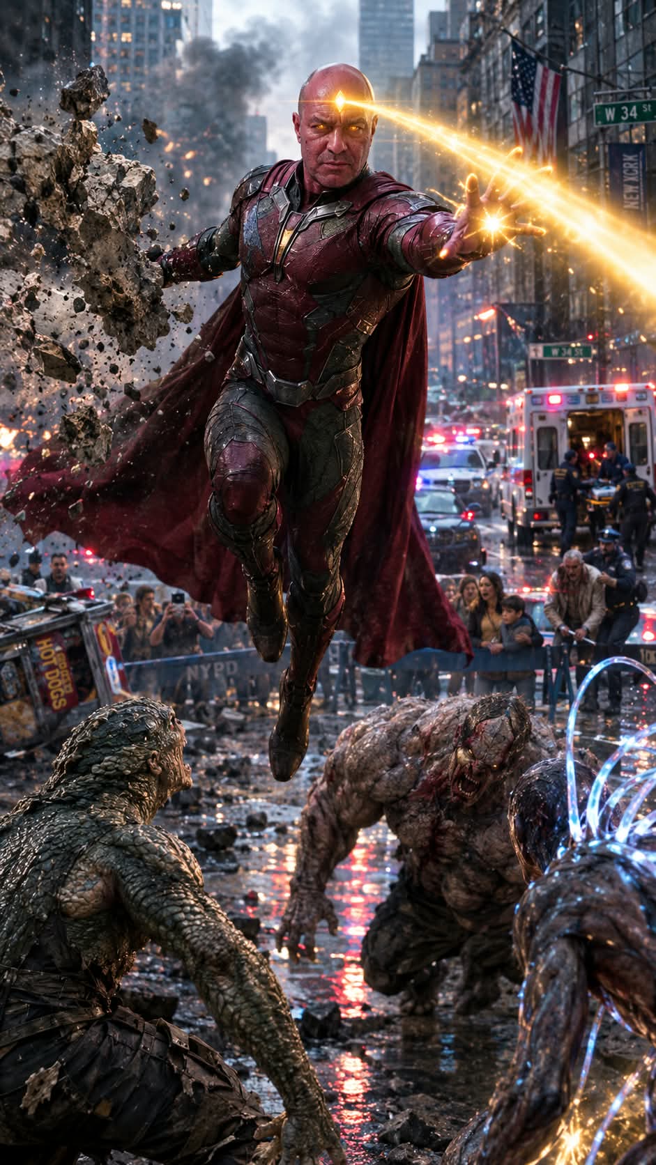 Live-Action Android Superhero in a Destroyed New York Street output 1