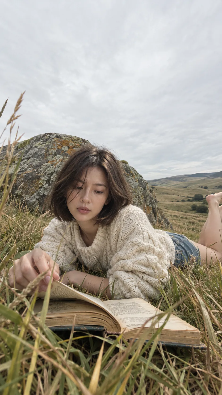 Ultra-Wide Grassland Portrait of a Young Woman Reading