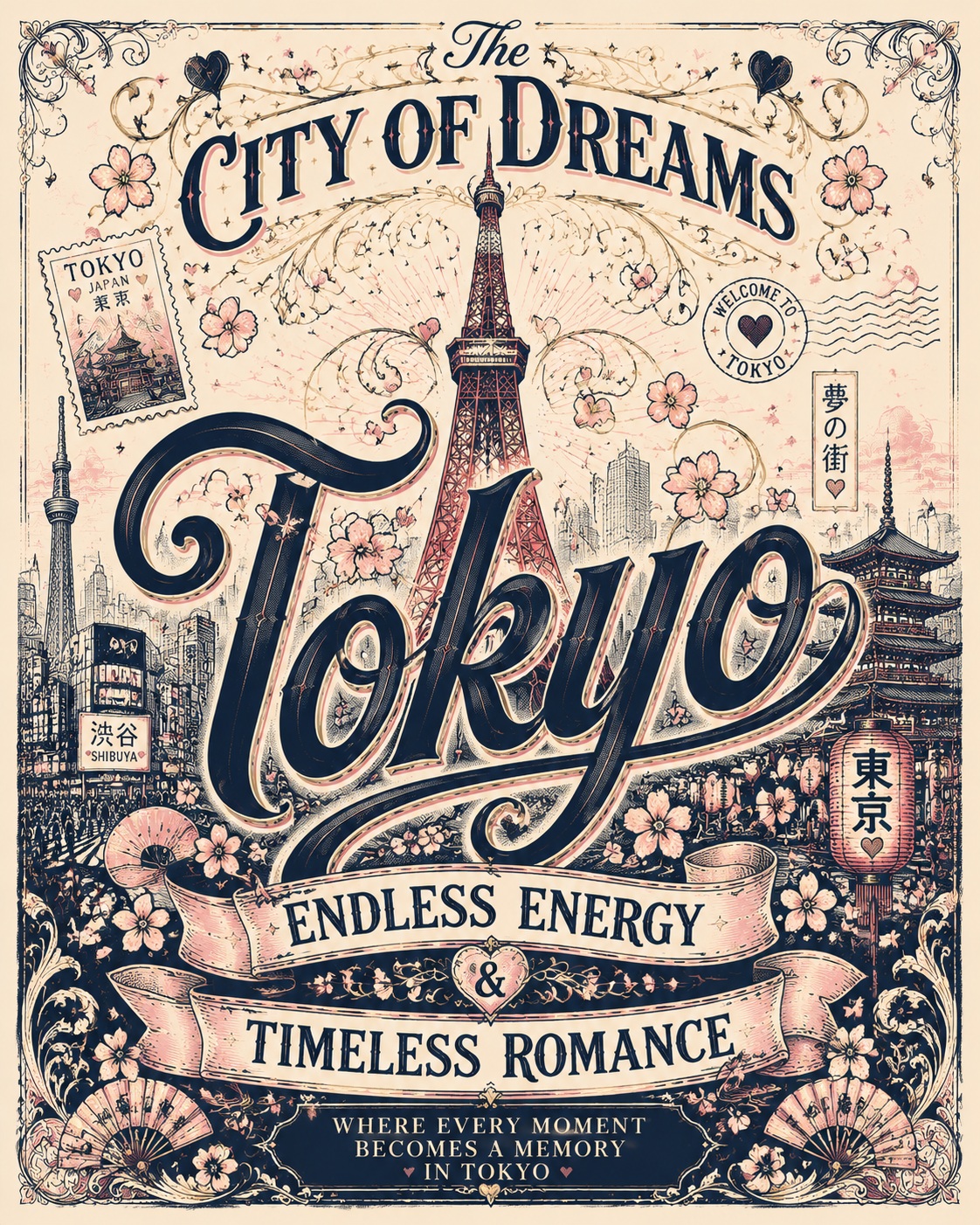 Vintage Romantic Tokyo Travel Poster output 2