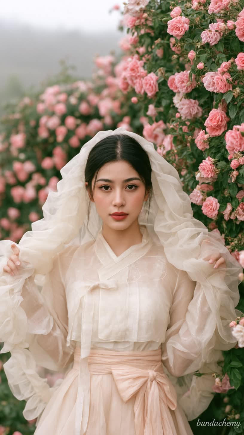 Cinematic Hanbok Portrait Among Pink Roses output 4