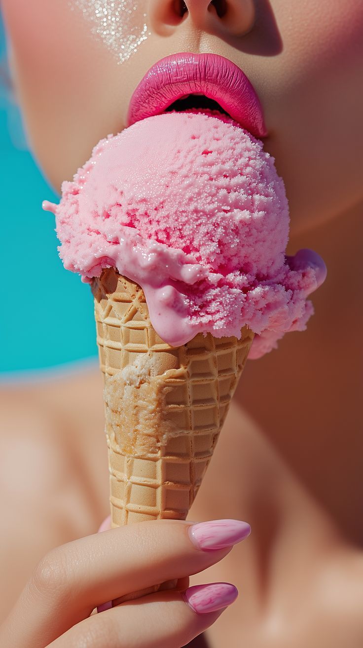 Photorealistic Close-Up of Strawberry Ice Cream and Glossy Lips output 1
