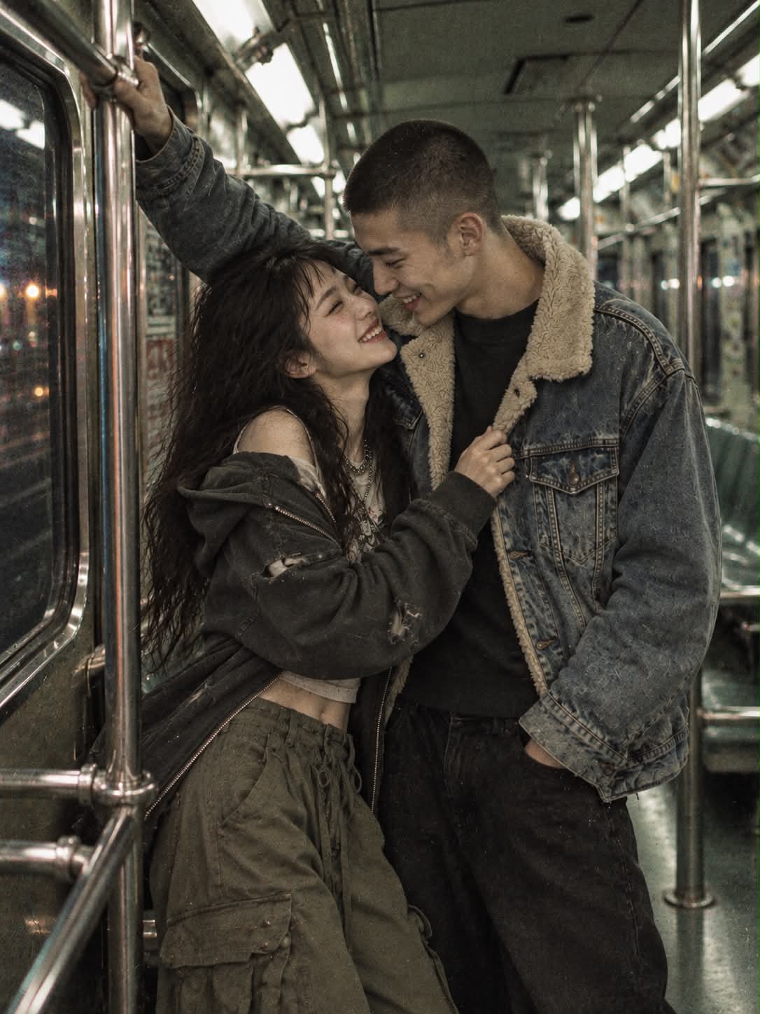 Couple Laughing in a Retro Subway Car output 1