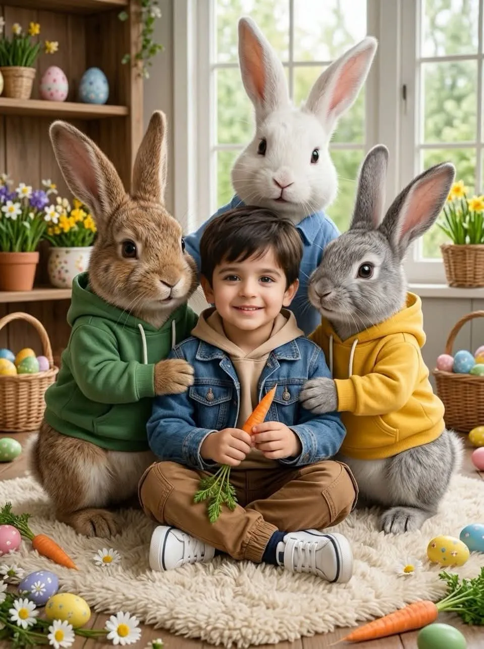 Photorealistic Easter Portrait with a Boy and Three Rabbits