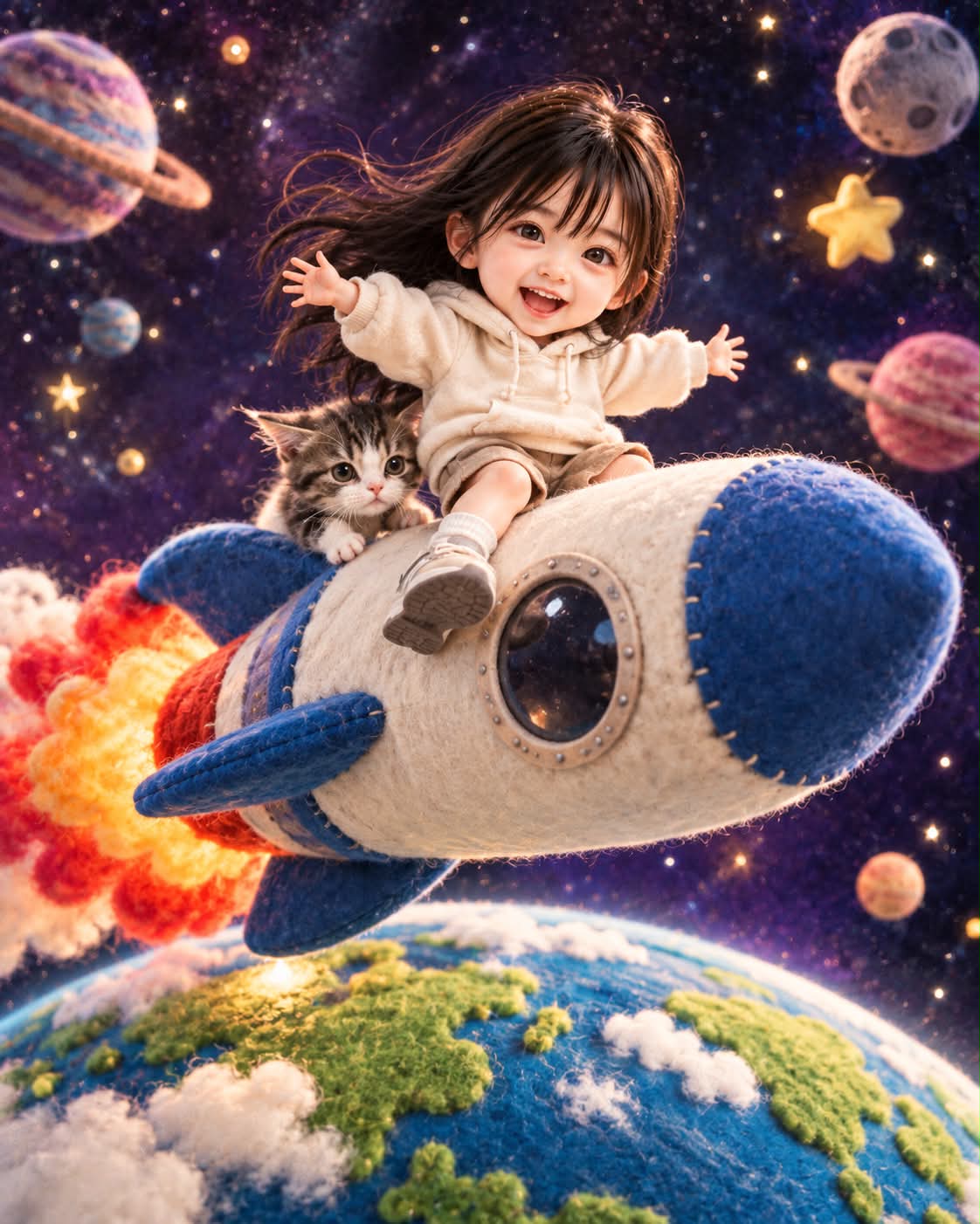 Handcrafted Doll on a Felt Rocket