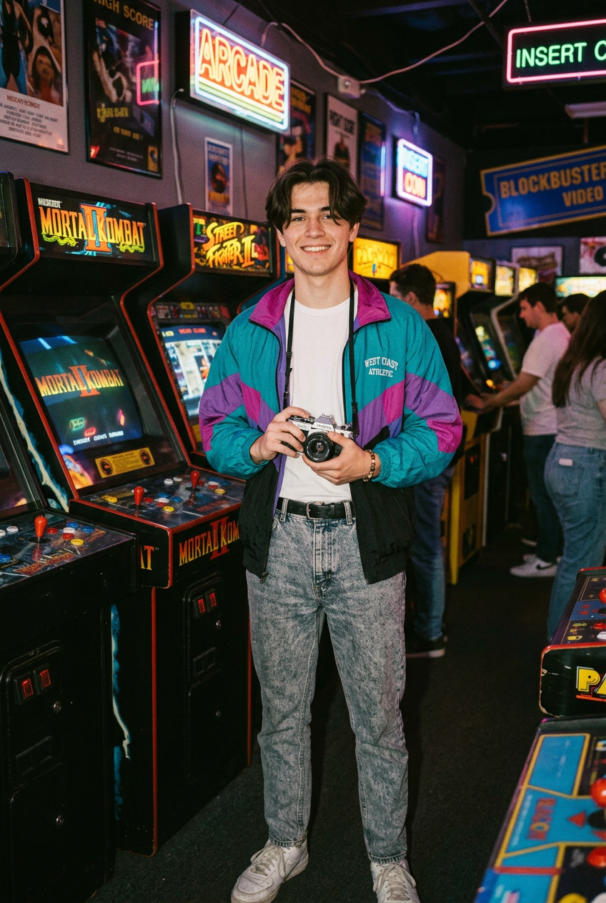 Nostalgic 1990s Portrait with a Vintage Film Camera