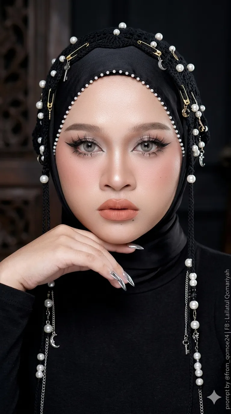 Dramatic Black Hijab Close-Up with Pearl Accessories output 2