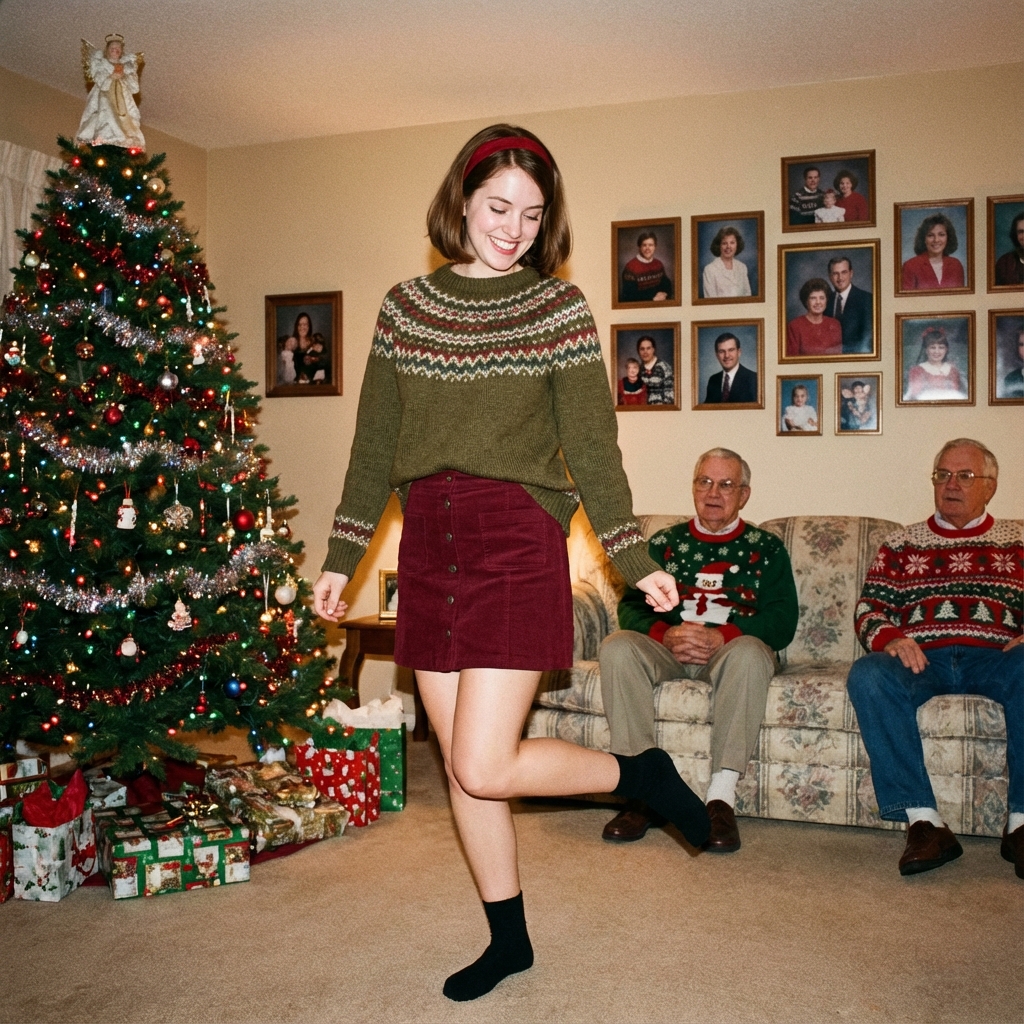 Joyful Woman in Nordic Sweater Dancing at a Nostalgic Family Christmas Gathering