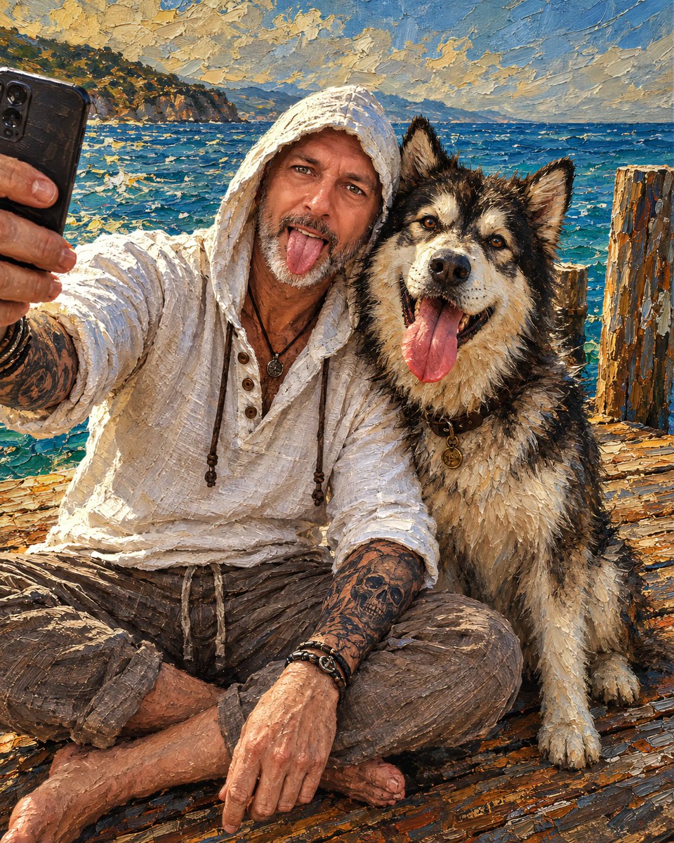 Impasto Painting of a Man and Dog Taking a Seaside Selfie