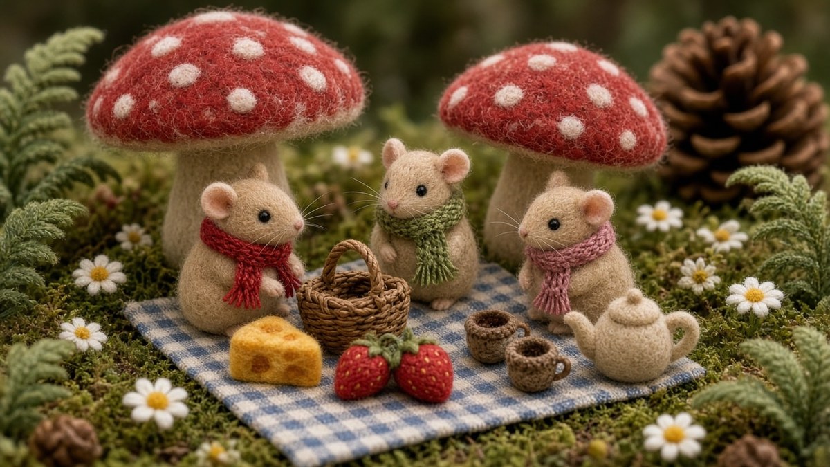 Needle-Felted Wool Mice Picnic Under Red Toadstools