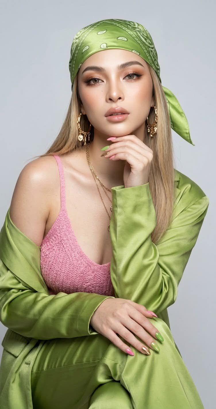 High-Fashion Apple-Green Satin Studio Portrait output 3