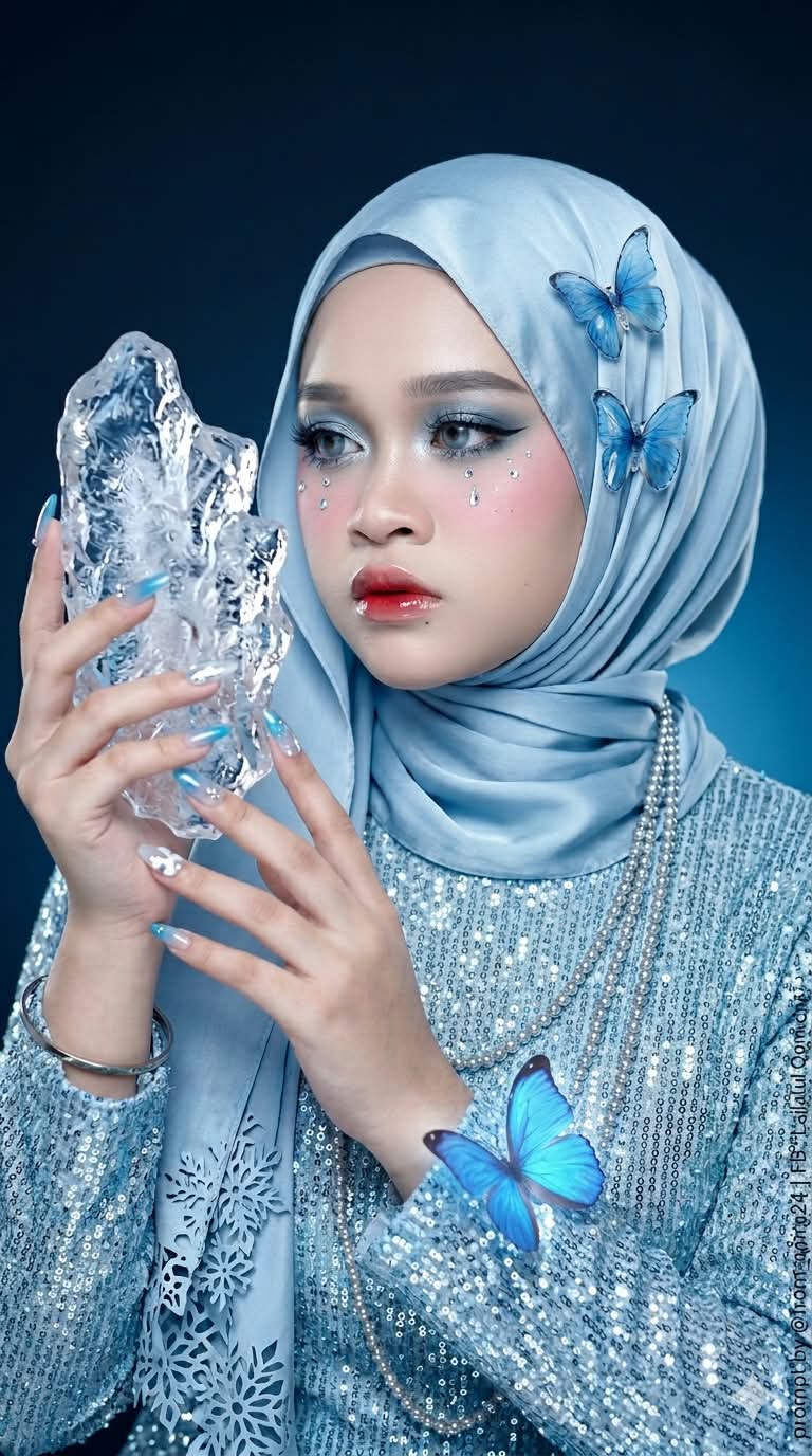 Icy Blue Hijab Portrait with an Ice Crystal
