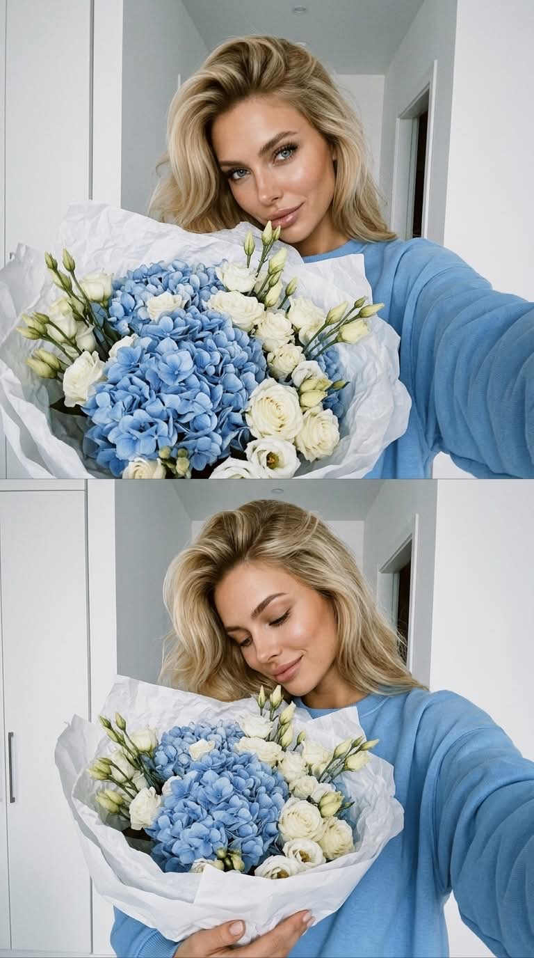 Two-Frame Selfie Collage with a Blue Hydrangea Bouquet