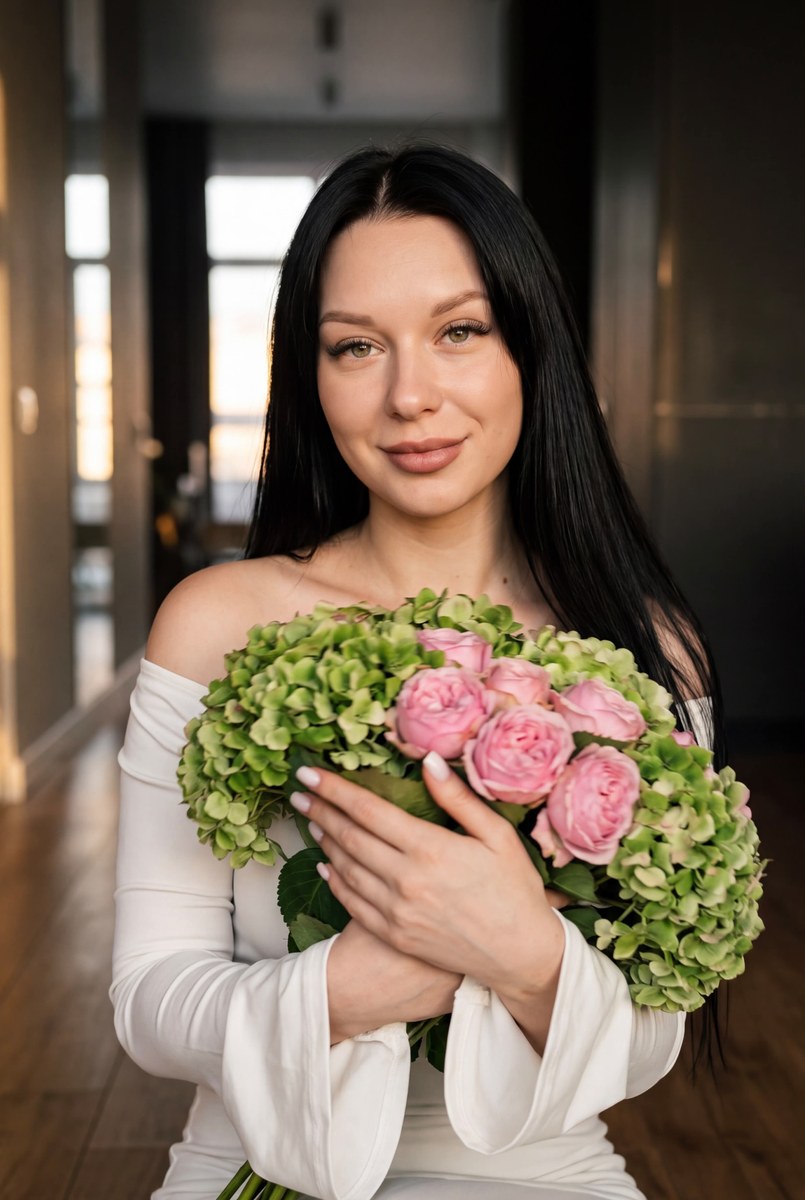 Vintage-Film Portrait with a Large Floral Bouquet