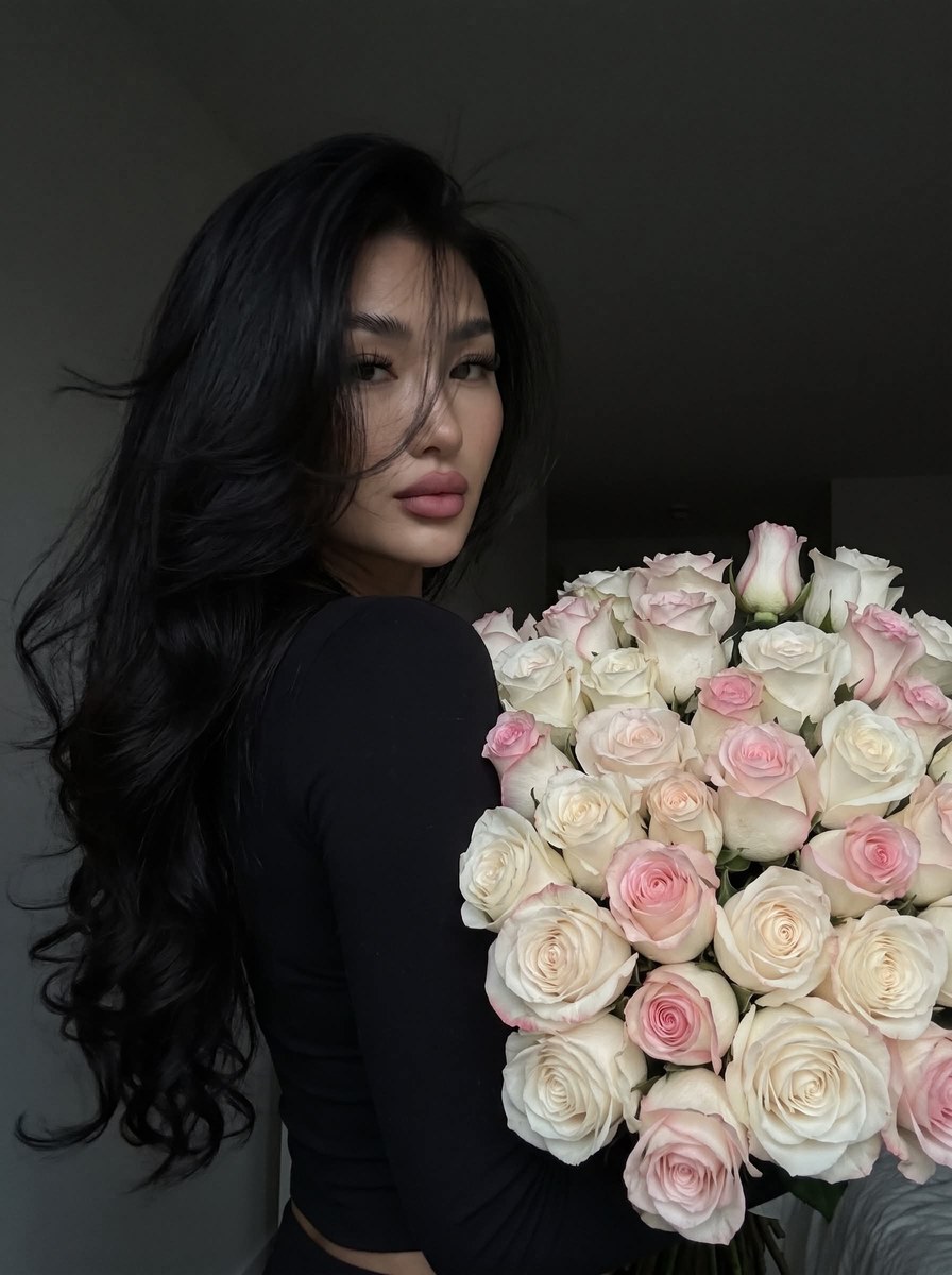 Dark Over-the-Shoulder Rose Bouquet Portrait output 1