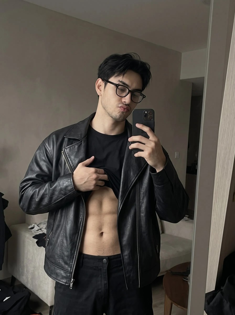 Minimalist Noir Black Leather Mirror Selfie output 3