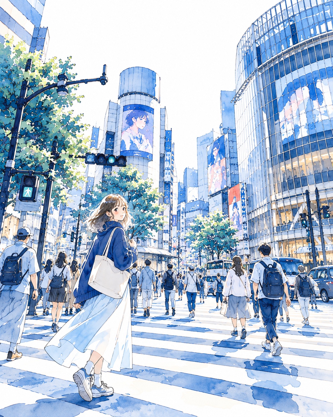 Blue Watercolor Destination Illustration