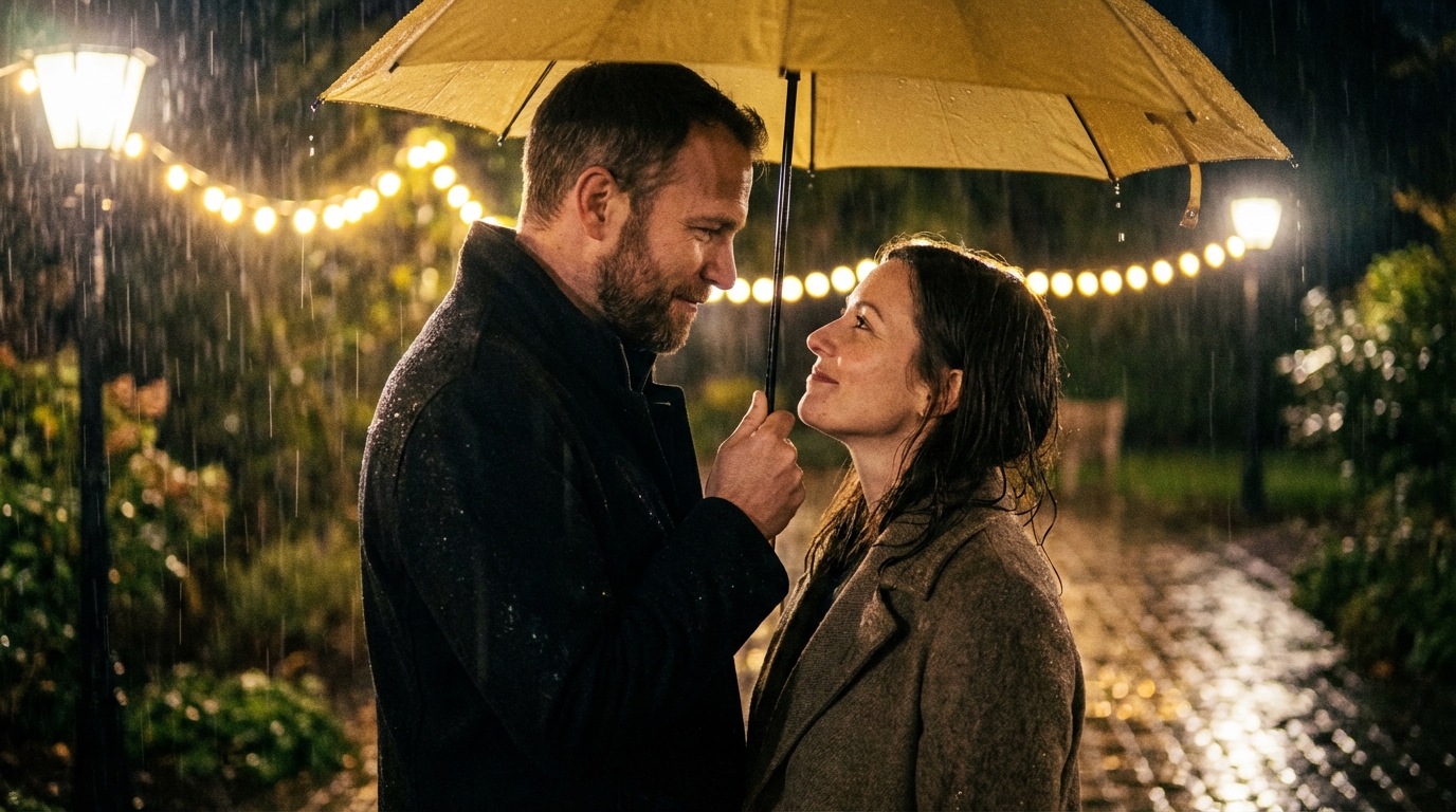 Ultra-Photorealistic Romantic Cinematic Scene in the Rain output 1