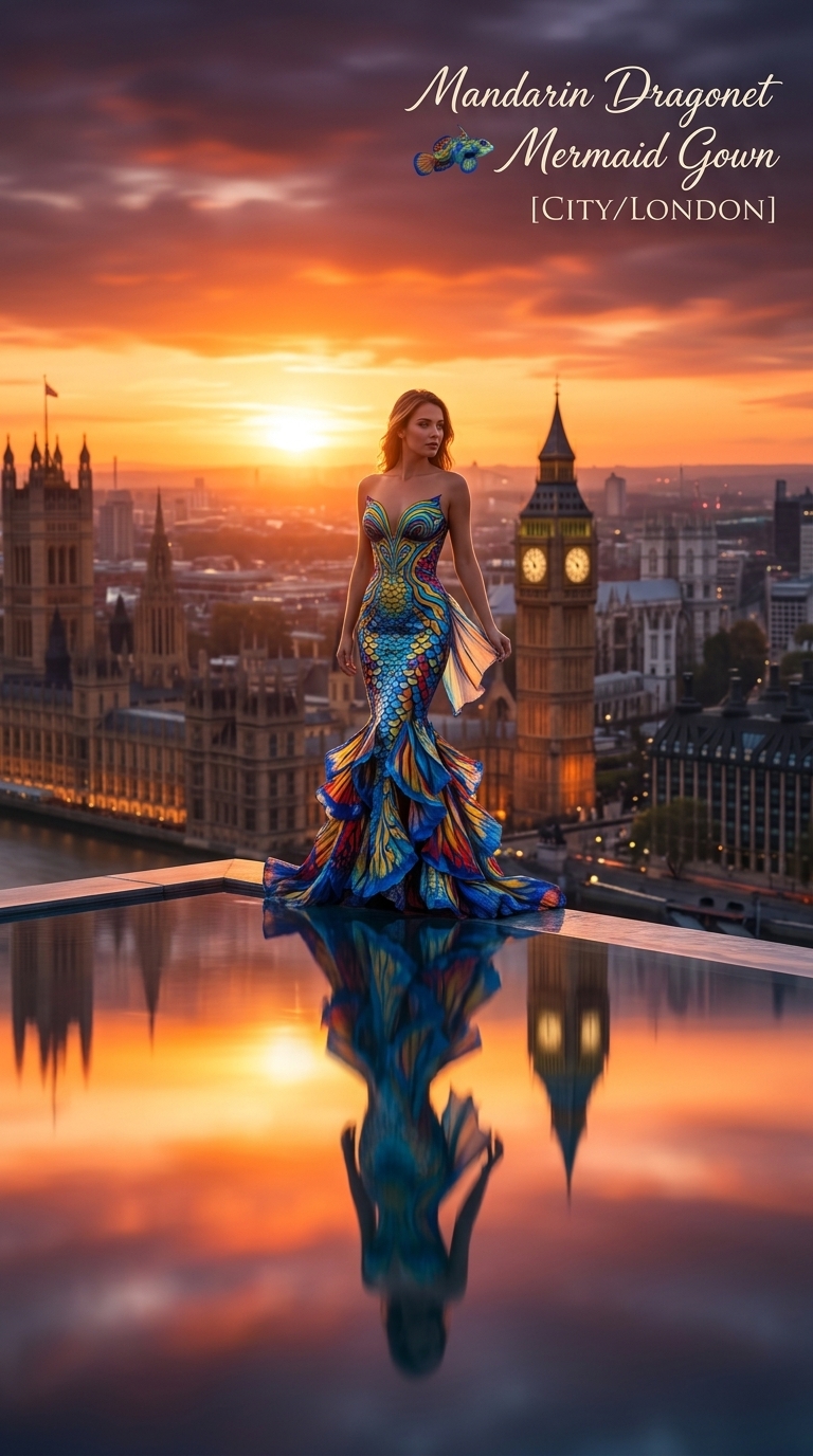 Tropical-Fish-Inspired Dress at a Rooftop Infinity Pool output 3