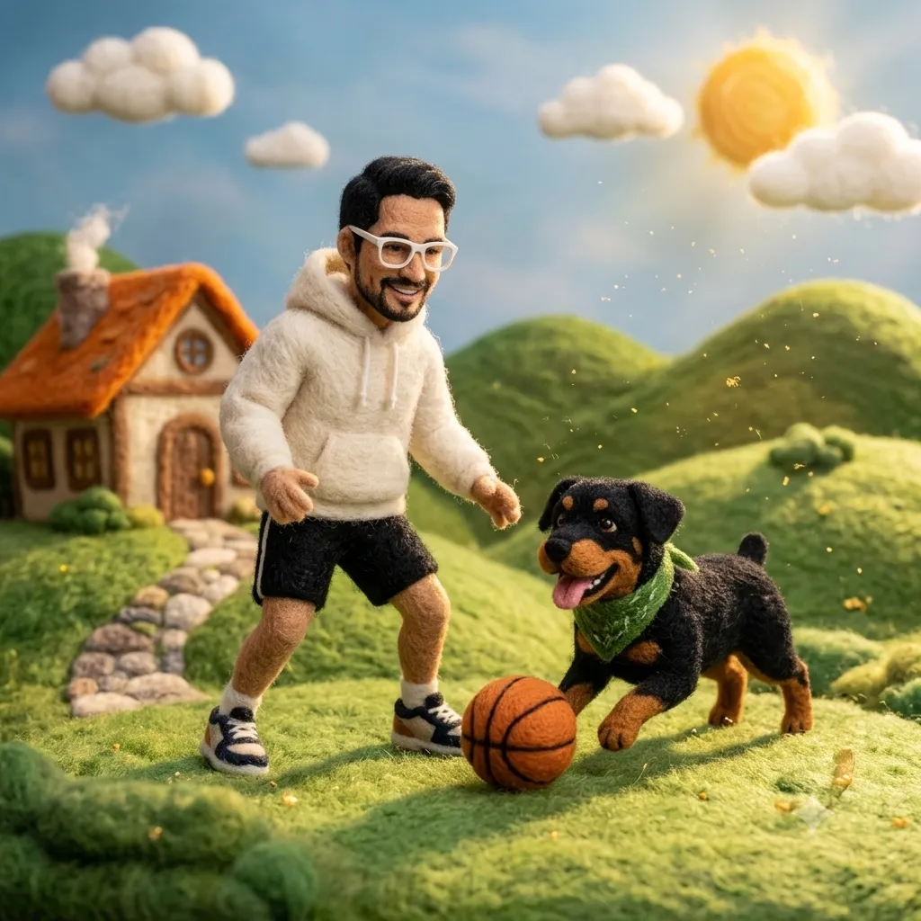 Joyful Needle-Felted Basketball Scene with a Rottweiler output 3