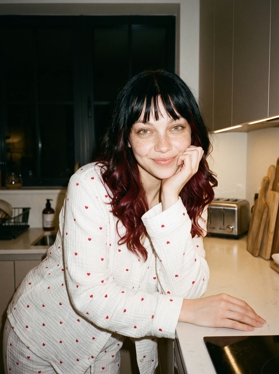 Vintage Kitchen Portrait with Wine and Heart-Print Pajamas output 4