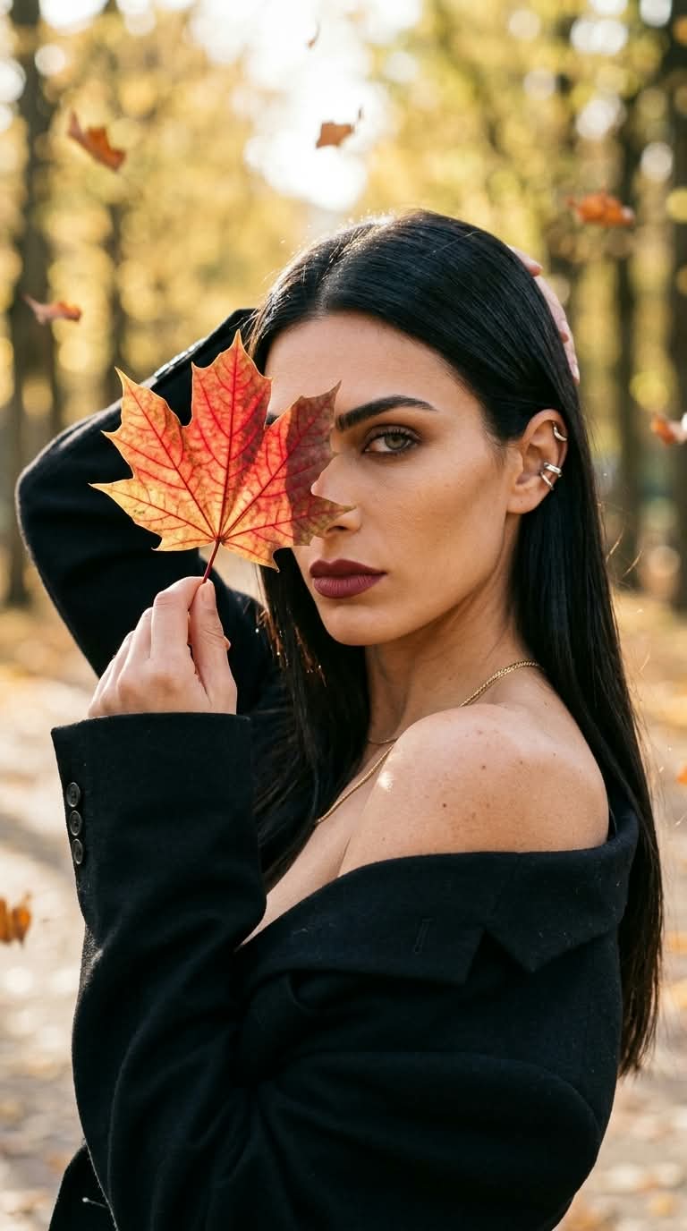 Autumn Editorial Portrait with a Maple Leaf