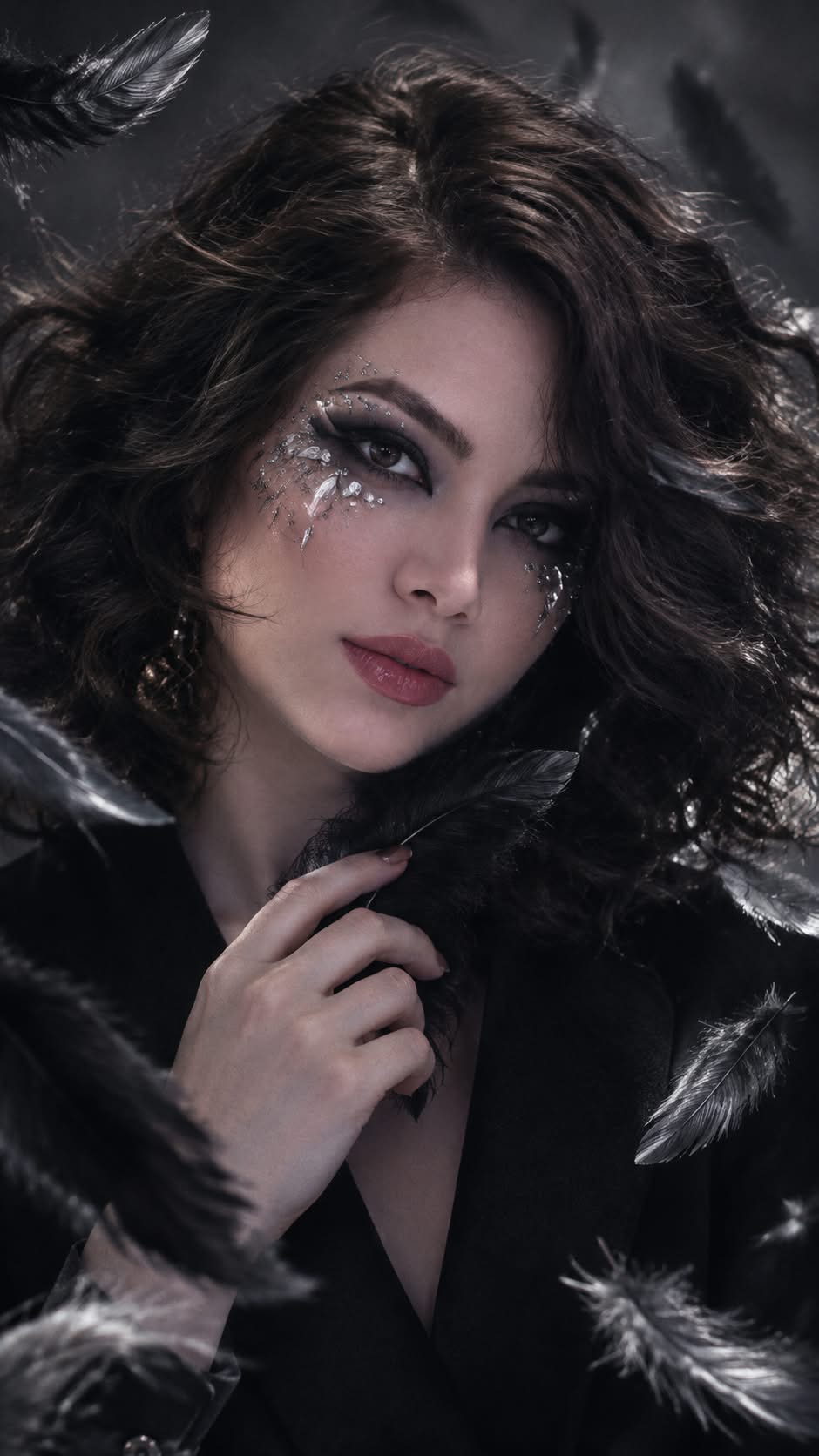 Gothic Editorial Portrait with Crystals and Feathers